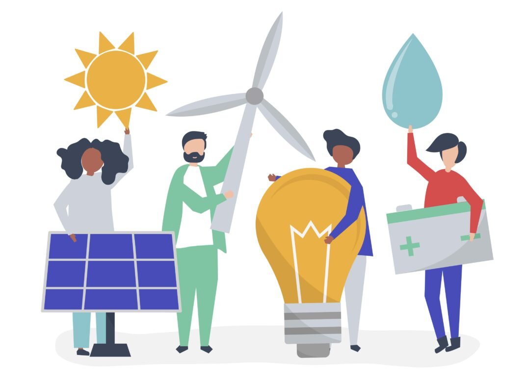 image about Characters of people holding green energy icons