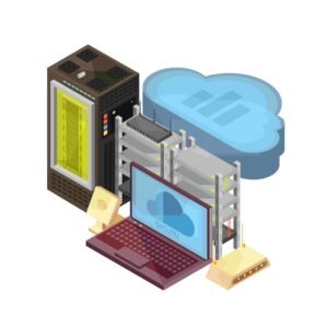 image about Isometric composition with data cloud, laptop, hosting server, router, wifi