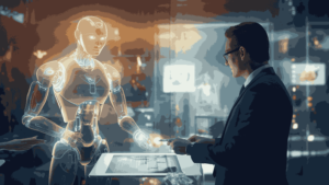 man talking with robot