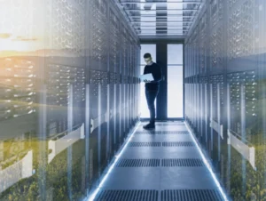 image about man standing in between data center