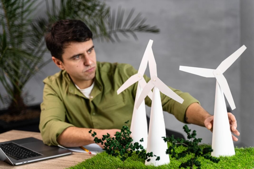 image about Front view of man working on an eco-friendly wind power project