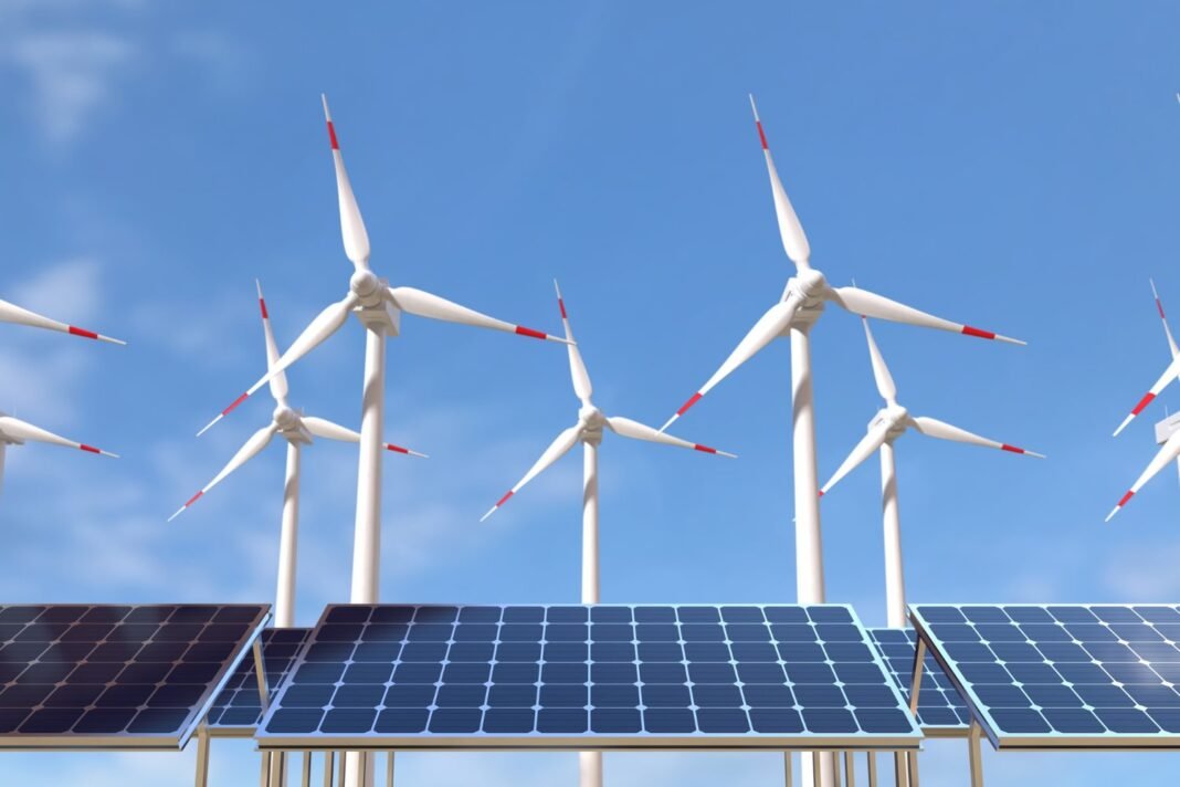 image about Solar panels and wind turbines Green energy concept