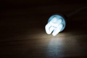 image about Close-up of bulb glowing on a table